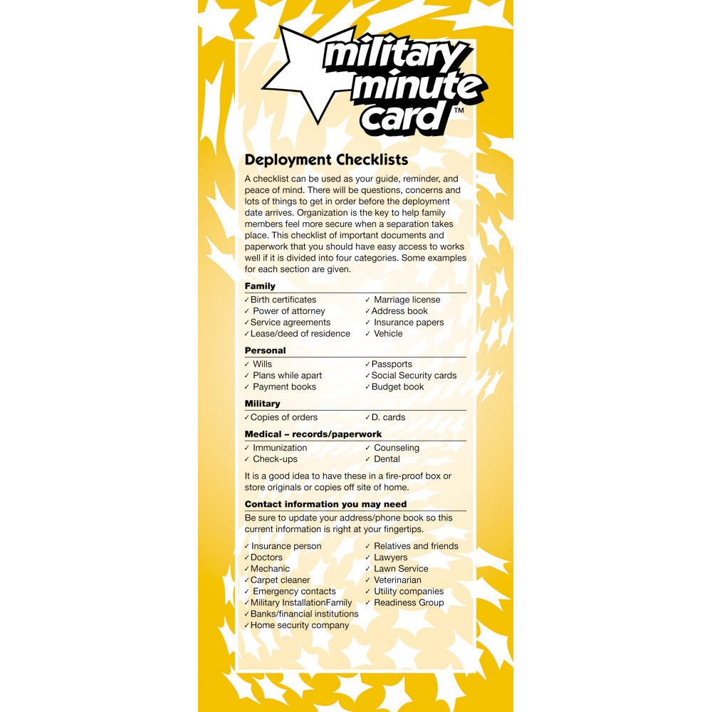 Military Minute Card: (50 Pack) Deployment Checklists