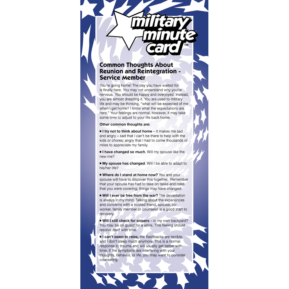 Military Minute Card: (50 Pack) Common Thoughts about Reunion and Reintegration Service Member