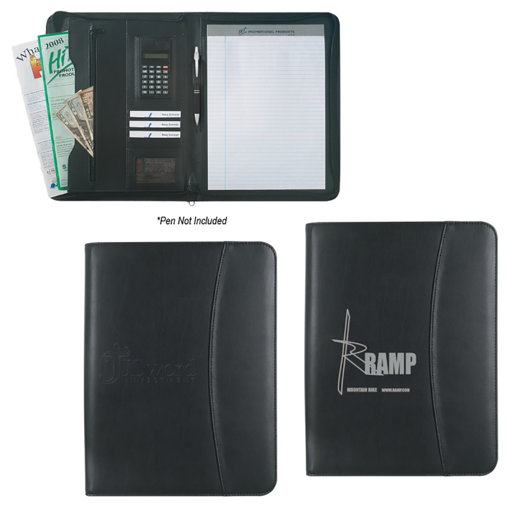 Leather Look 8 1/2" x 11" Zippered Portfolio With Calculator