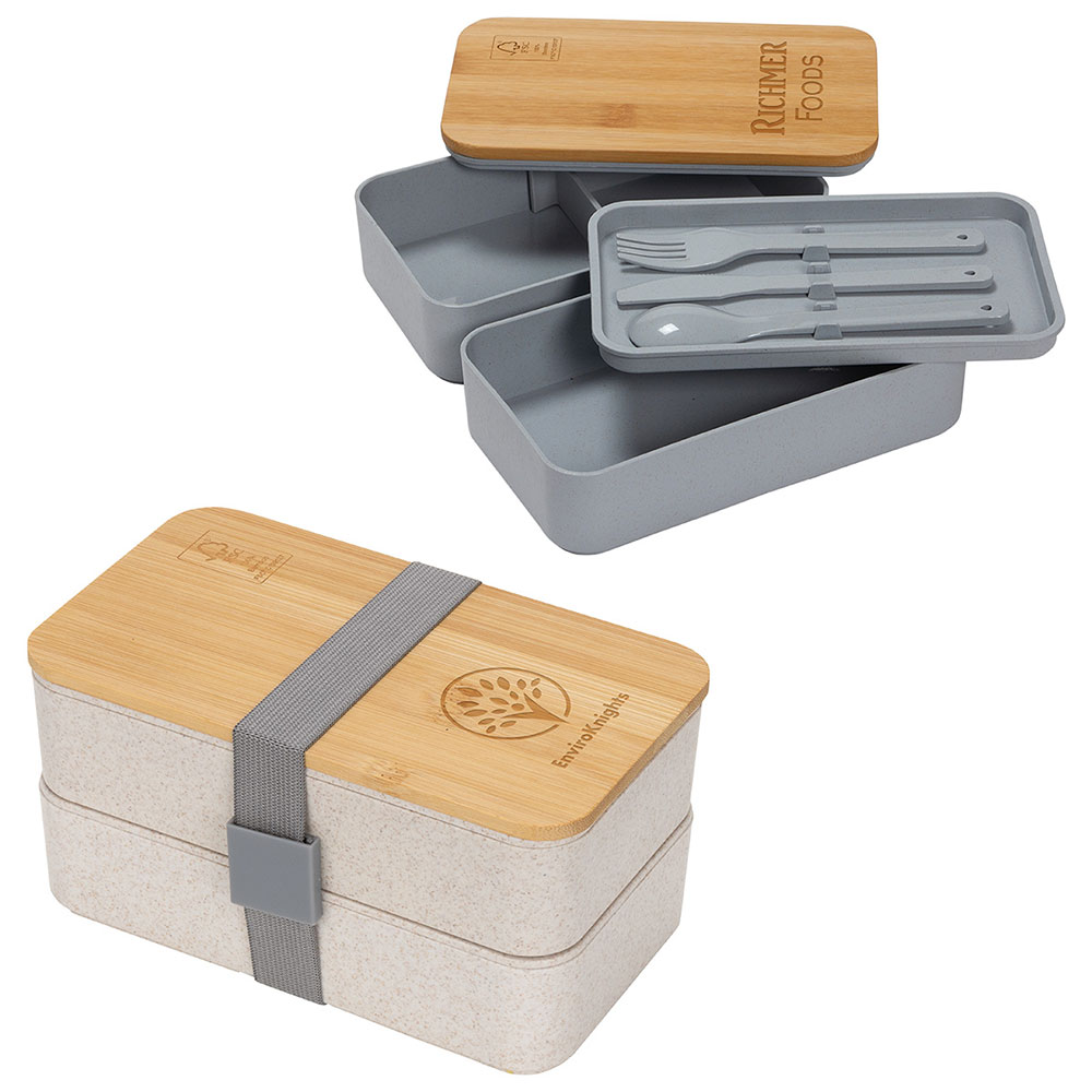Double Decker Lunch Box with Bamboo Lid & Utensils