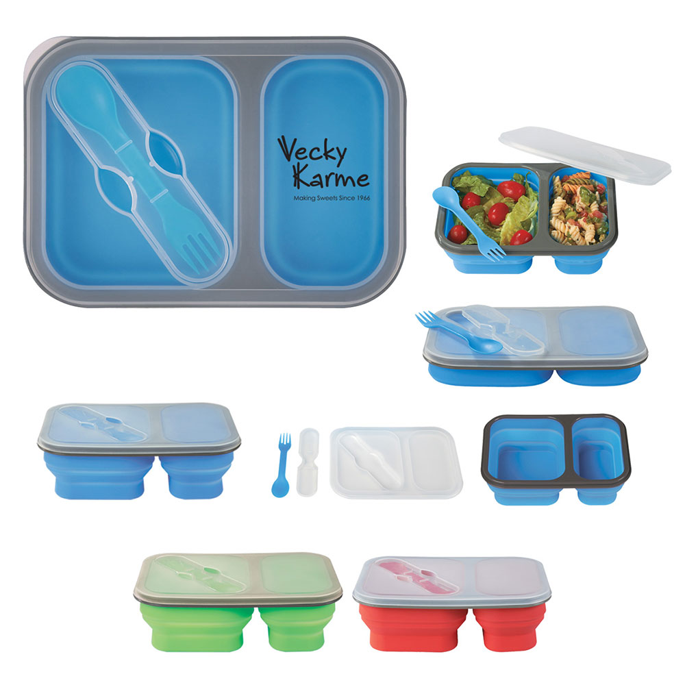 Collapsible 2 Section Food Container w/Dual Utensils