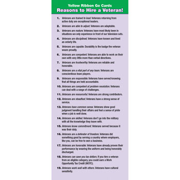 Yellow Ribbon Program Go Card: (50 Pack) Reasons to Hire A Veteran!